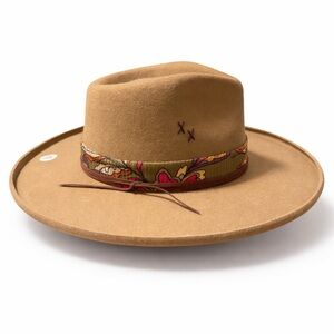 Brown Wide Pencil Brim Western Fedora Hat Floral and Leather Band Size L 22.5”